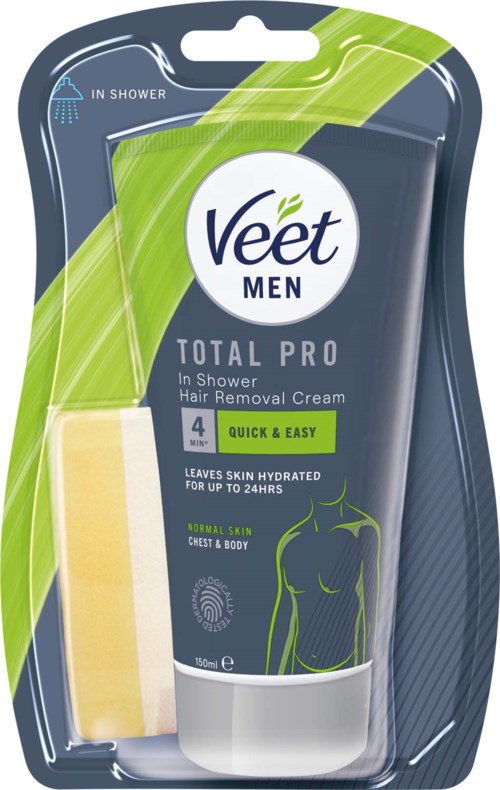 Eine Packung Veet Men Total Pro Rasiercreme für normale Haut, hinterlässt die Haut bis zu 24 Stunden feucht.