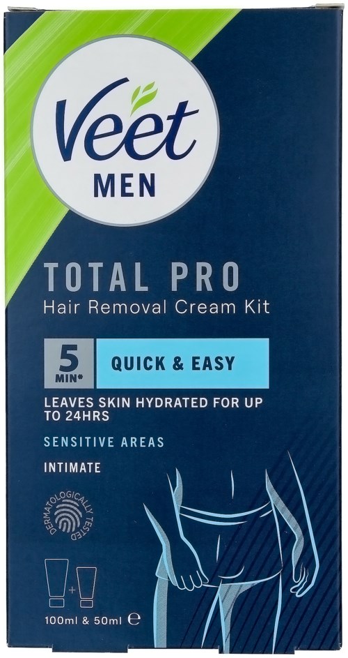 Verpackung von Veet Men Total Pro Enthaarungscreme für empfindliche Bereiche, schnell, einfach, hinterlässt die Haut hydratisiert, 5 Minuten Anwendung.
