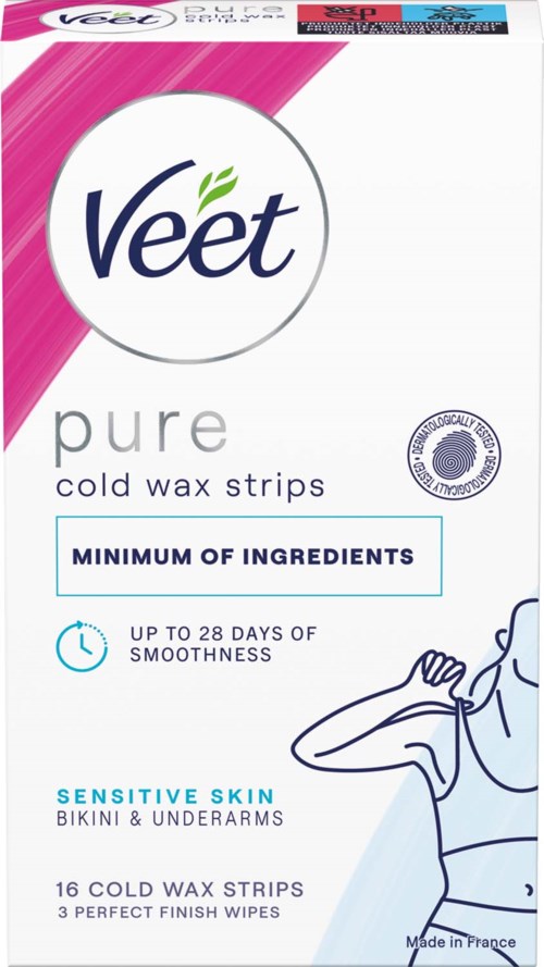 Veet Pure cold wax strips for sensitive skin, 16 strips, easy to use, up to 28 days of smoothness.