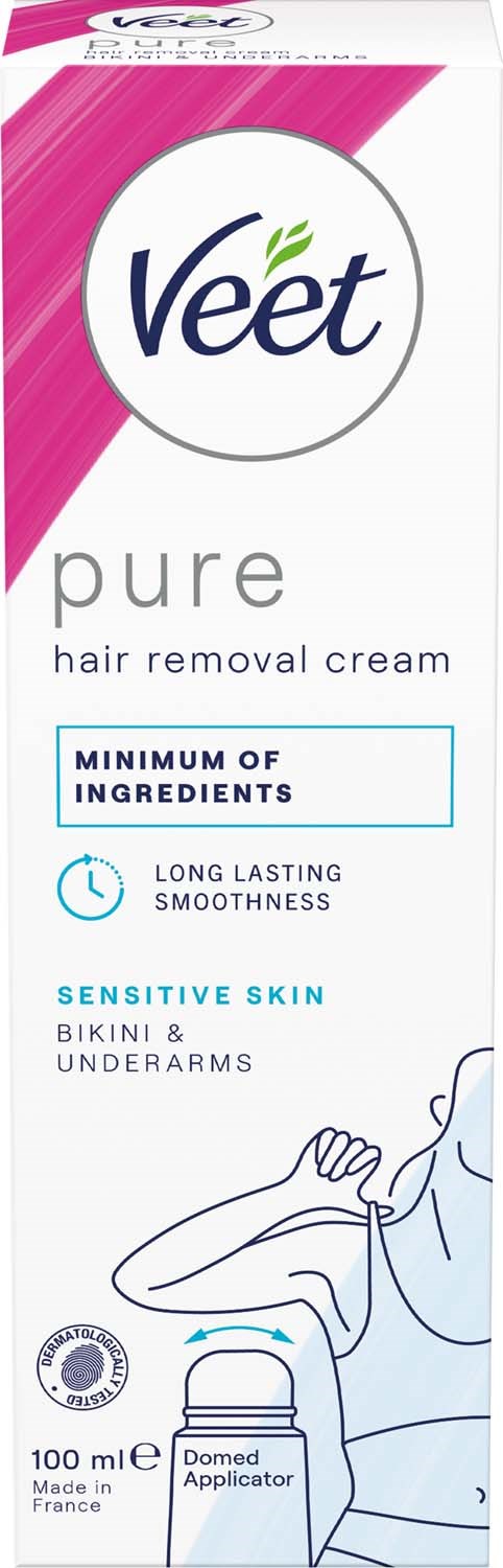 Veet Pure hair removal cream for sensitive skin, designed for bikini and underarms, with long-lasting smoothness.