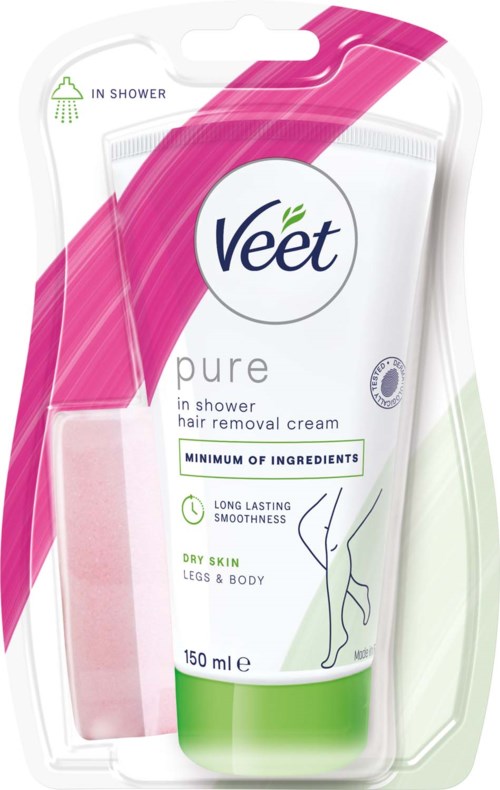 Veet Pure Dusch-Haarentfernungscreme für trockene Haut, langanhaltende Glätte, 150 ml.