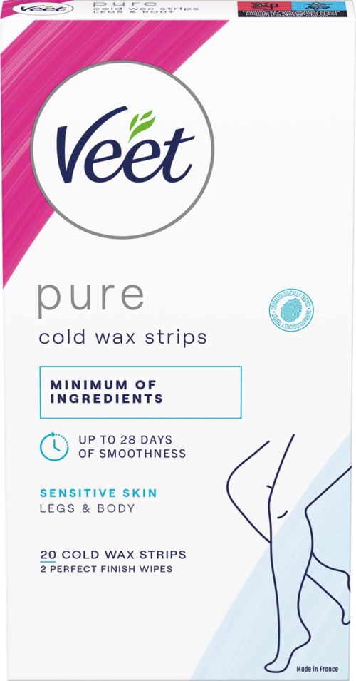 Verpackung mit Veet pure Kaltwachsstreifen für empfindliche Haut, enthält 20 Streifen und 2 Feuchttücher.