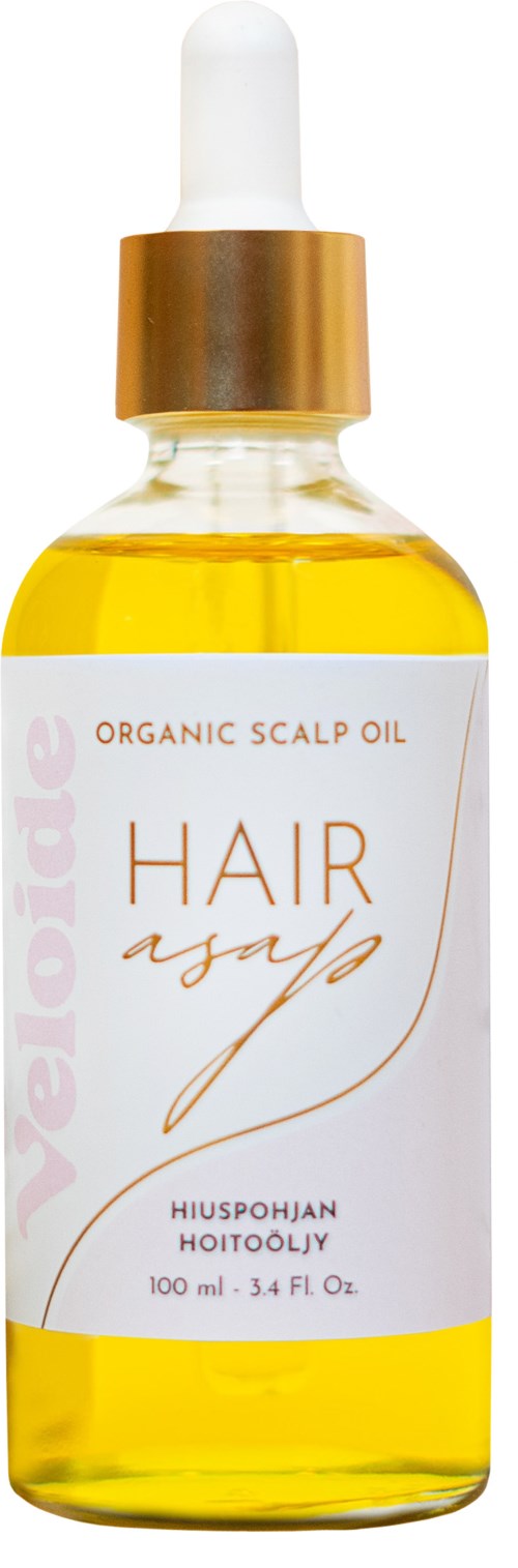 A bottle of organic scalp oil with a white dropper cap and yellow oil inside.
