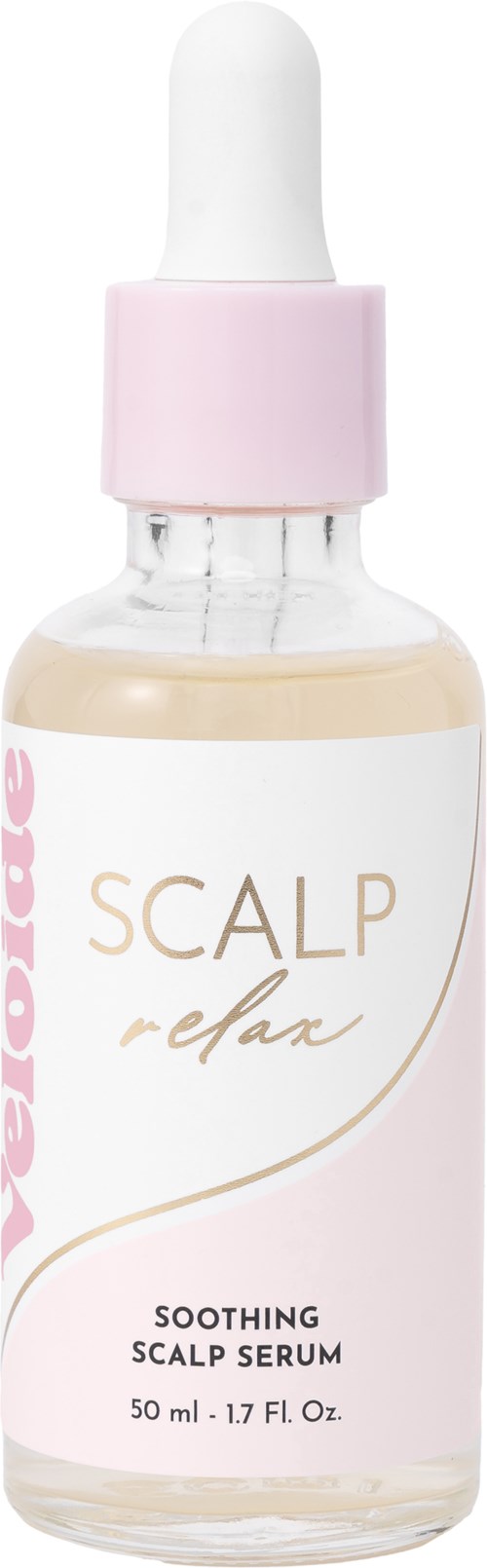 Kleine fles met pipet, label 'SCALP relax, kalmerende hoofdhuidserum, 50 ml.'