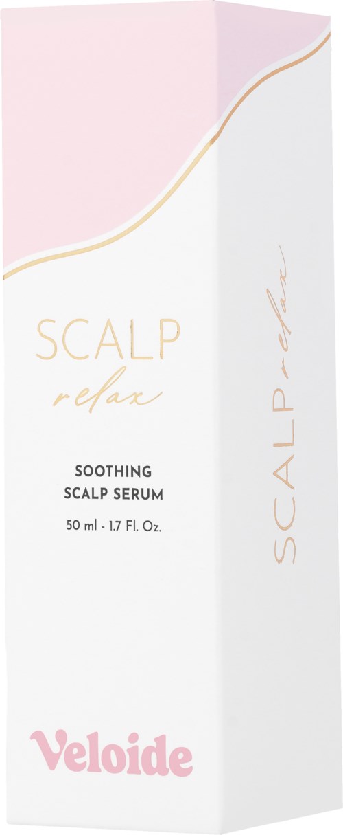 Verpakking van een hoofdhuidserum genaamd Velioide, gemarkeerd als rustgevend en ontspannend, met een zacht roze en witte ontwerp.
