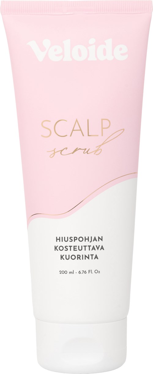 Roze en witte tube met de tekst 'Veloide Scalp Scrub' en andere taal en een kleine gebogen lijn.