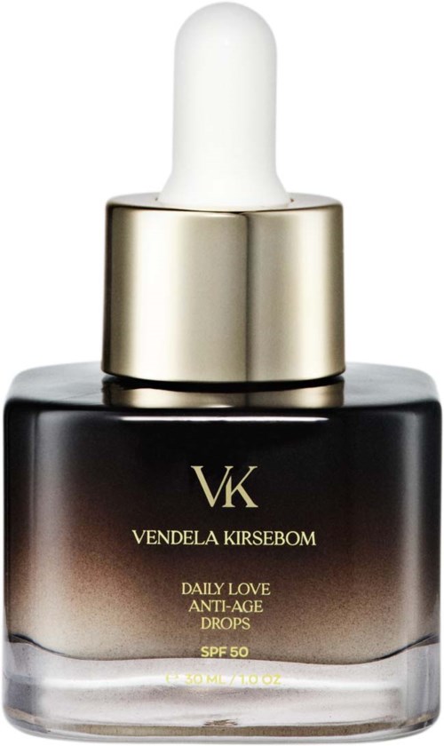 A black and gold dropper bottle with a white dropper, labeled VK Vendela Kirsebom Daily Love Anti-Age Drops SPF 50.