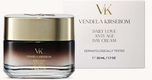 A jar of Vendela Kirsebom Daily Love Anti-Age Day Cream and its box with product details and branding.