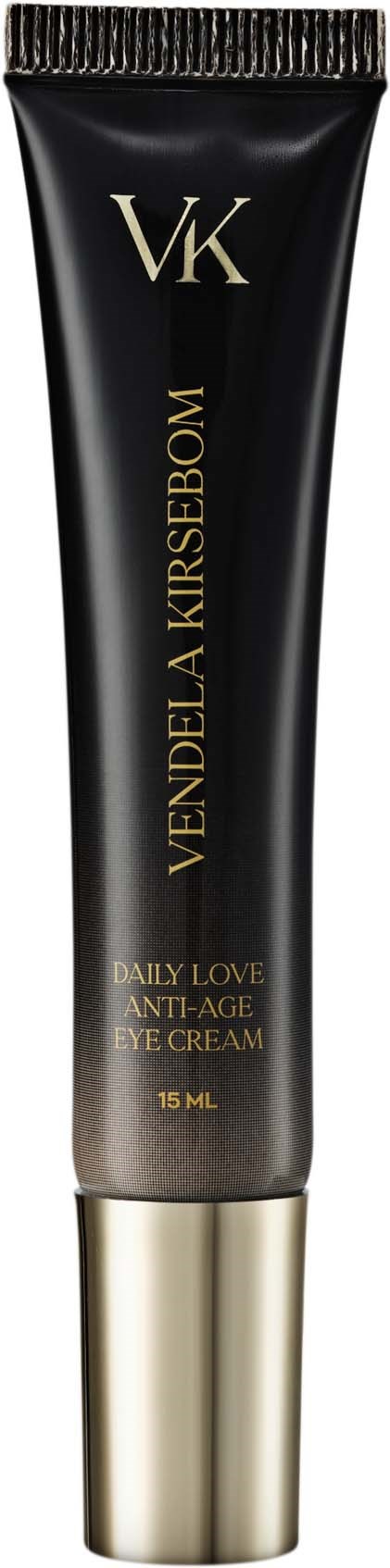 A black and gold tube labeled VK Vendela A Kiskebom Daily Love Anti-Age Eye Cream, 15 ml.