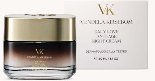 A jar of night cream with gold lid and a box with product details. The brand is Vendela Kirsebom.