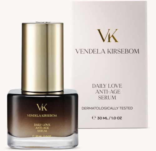 A black serum bottle with a gold cap beside a white box, both labeled with VK Vendela Kirsebom and product details.