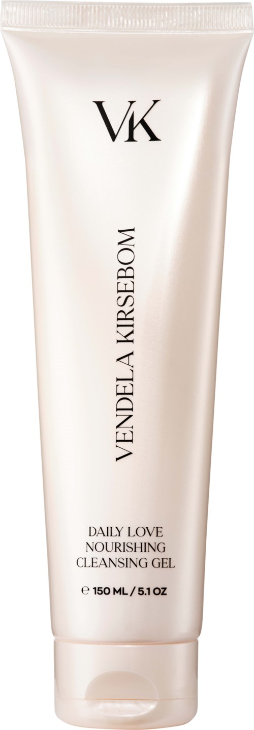 A white tube of skincare gel with black text, labeled 'Vende La Kirsebom' and 'Daily Love Nourishing Cleansing Gel.'