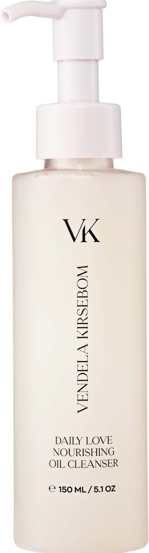 A white bottle with a pump dispenser, labeled 'VK VENDELIA KIRSEBOH', containing nourishing oil cleanser, 150 ml.