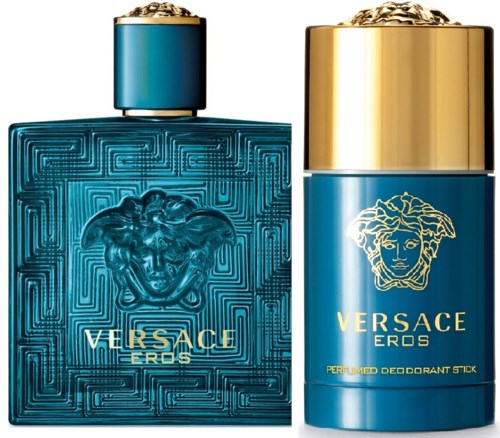 Zwei blaue und goldene Parfümflaschen mit Medusa-Logos und detaillierten Mustern. Eine ist rechteckig, die andere zylindrisch.
