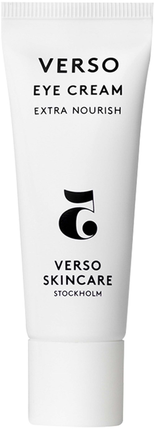 Een witte tube Verso oogcrème met 'Extra Nourish' uit Stockholm, voor huidverzorging.
