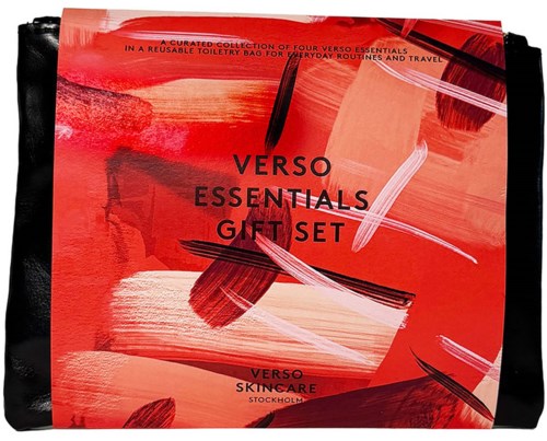 Red packaging for Verso Essentials Gift Set with black accents and abstract brush strokes.
