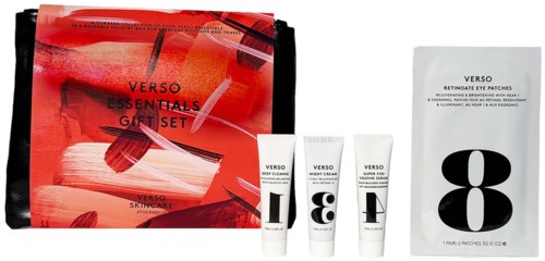 Verso Essentials gift set with skincare products in a red and black box and a white packet.