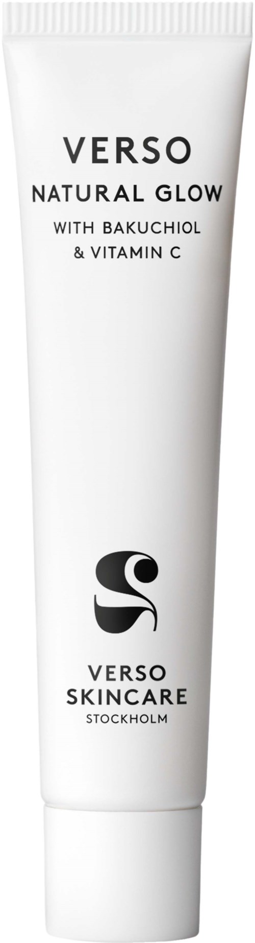 White tube with black text, promoting skincare with natural ingredients and Vitamin C.