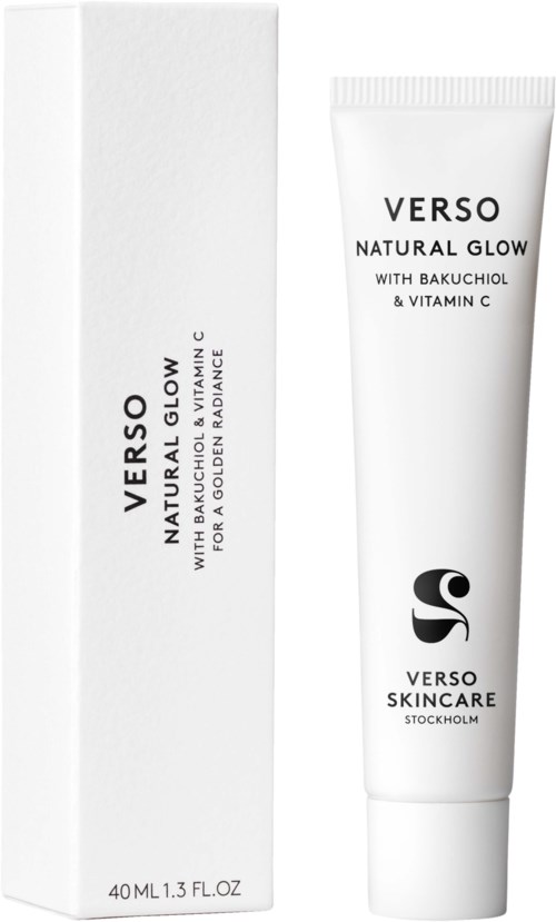 A white tube and box of skincare product labeled Verso Natural Glow with ingredients Bakuchiol and Vitamin C.
