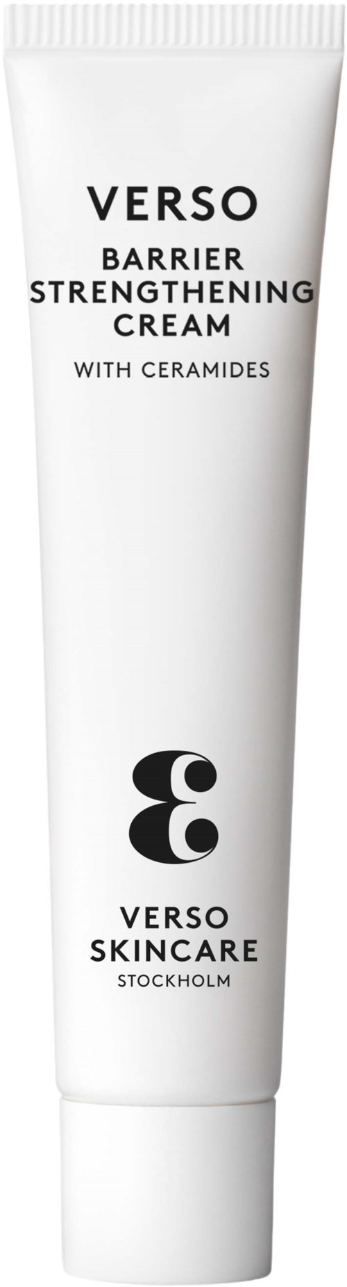 Een witte tube Verso Barrier Strengthening Cream met zwarte tekst en logo, gemarkeerd met ceramides.
