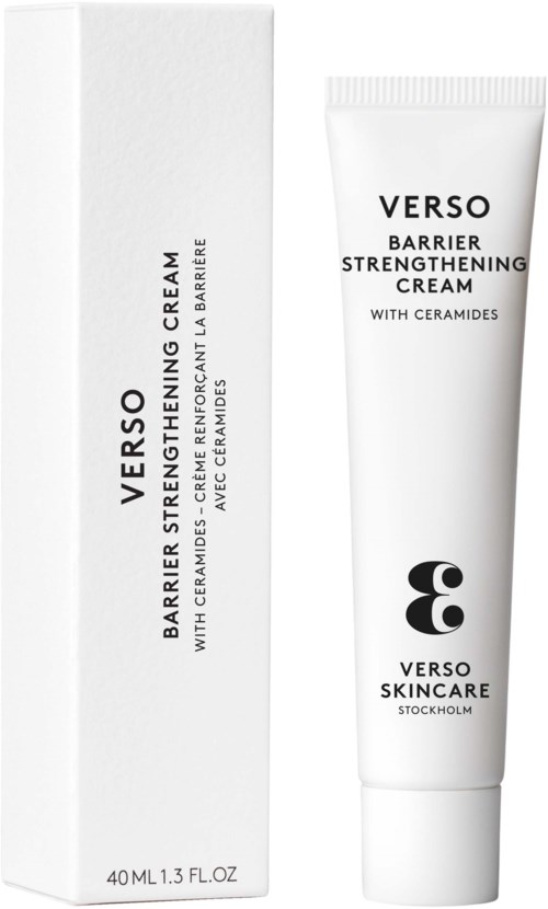Een witte tube en een witte doos van Verso Barrier Strengthening Cream met zwarte tekst en logo.