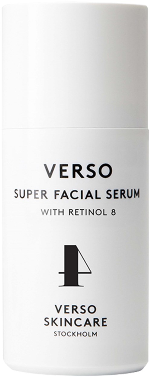 Witte fles met Verso Super Facial Serum met Retinol 8 van Verso Skincare, Stockholm.