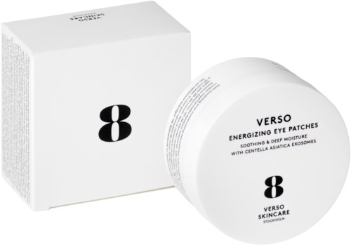 Doos en potje met Verso Energizing Eye Patches voor kalmerende en diepe hydratatie. Bevat centella asiatica-extracten.