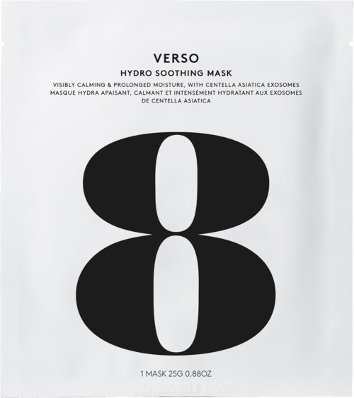 Een witte verpakking met zwarte tekst en een grote zwarte nummer 8. De tekst vermeldt een hydro kalmerende masker.