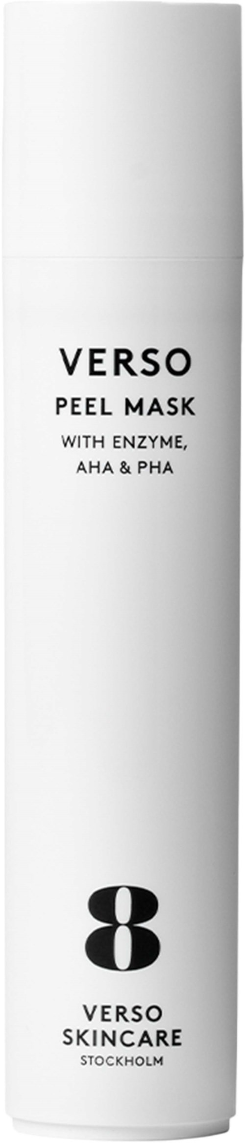 Een witte cilindervormige fles met Verso Peel Mask met Enzym, AHA en PHA. Het is van Verso Skincare, Stockholm.