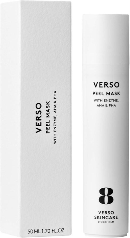 Een witte doos en tube met Verso peelingmasker met zwarte tekst en groot zwart getal 8.