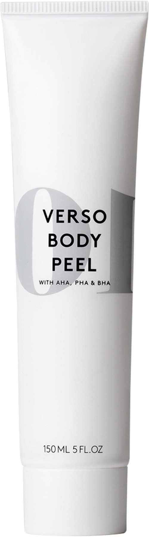Witte tube met label 'Verso Body Peel' met ingrediënten AHA, PHA, BHA en een inhoud van 150ml.