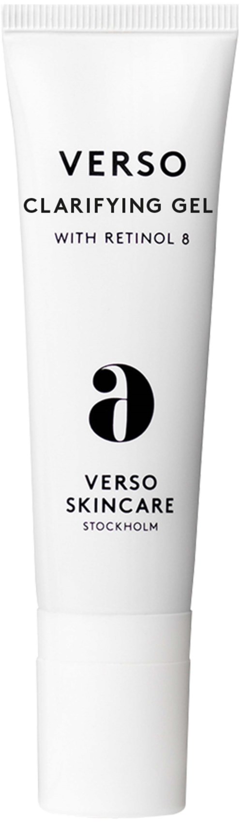 Witte tube met huidverzorgingsgel met zwarte tekst, Verso Clarifying Gel, met Retinol 8.
