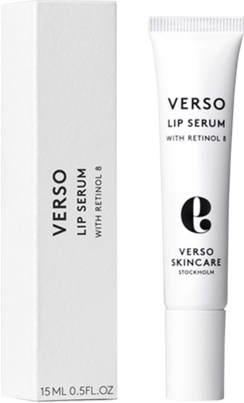 En vit tub med svart text och en matchande ask, märkt Verso Lip Serum med Retinol 8.