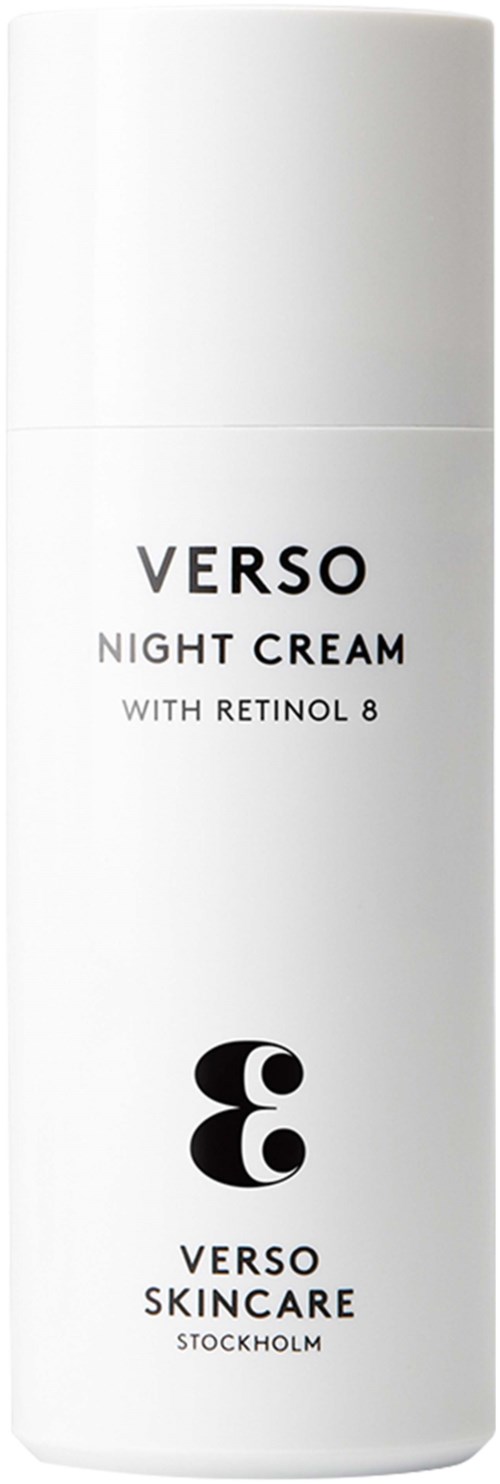 Een witte fles met label 'Verso Night Cream' met ingrediënten 'Retinol 8' en het merk 'Verso Skincare' uit Stockholm.