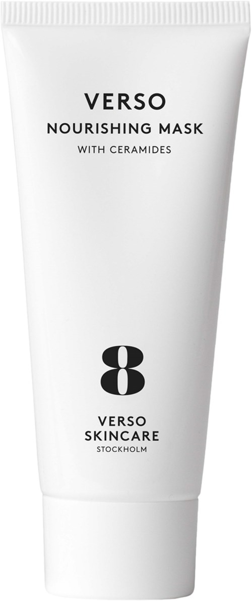 Een witte tube van Verso Nourishing Mask met Ceramides van Verso Skincare, Stockholm, met zwarte tekst en groot cijfer 8.