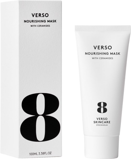 Een witte tube en doos voor voedende gezichtsmasker met ceramides, gemarkeerd met nummer 8 en zwarte tekst.