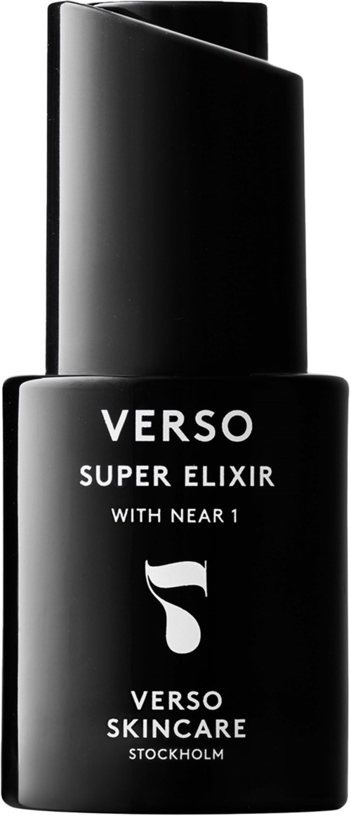 Zwarte fles met label 'Verso Super Elixir' van Verso Skincare, Stockholm, met pompdop.