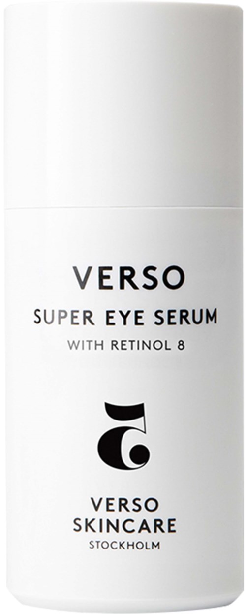 En vit cylindrisk flaska med svart text, märkt som Verso Super Eye Serum med Retinol 8 från Verso Skincare.