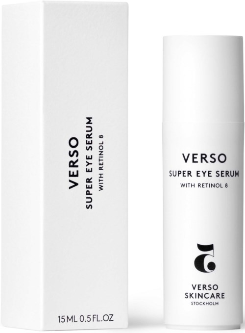 A white box and bottle of Verso Super Eye Serum with retinol and skincare logo.