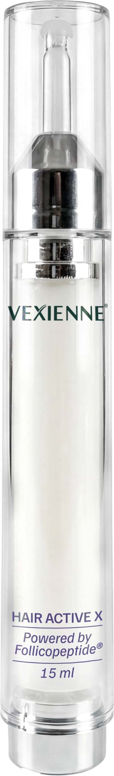 En klar rollerball-flaske med Vexienne Hair Active X-produkt, sølvpumpe og lokk, etiketten viser produktdetaljer.