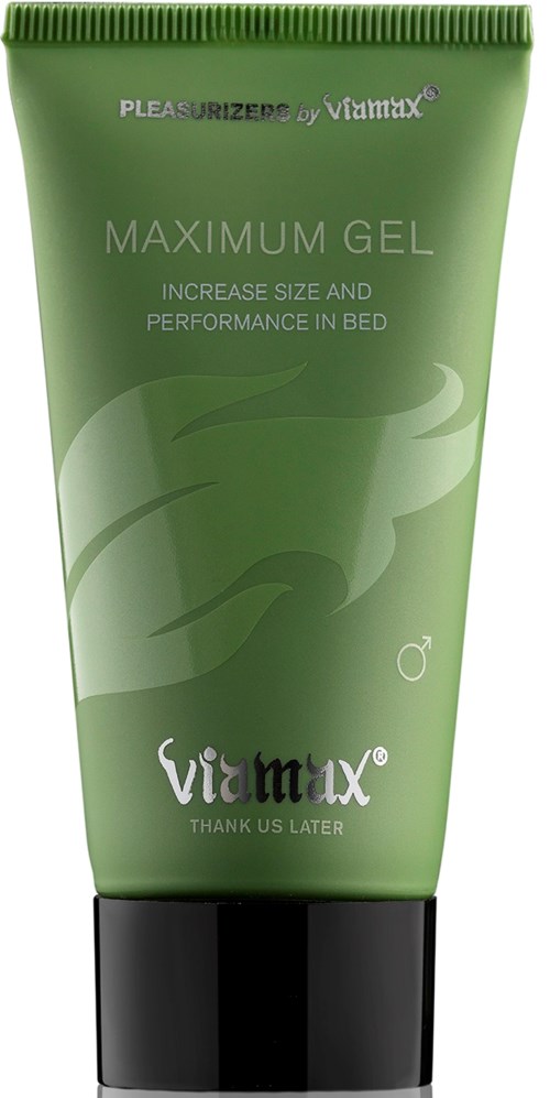 Grüne Tube mit 'Maximum Gel' von Viamax, zur Steigerung von Größe und Leistung im Bett.