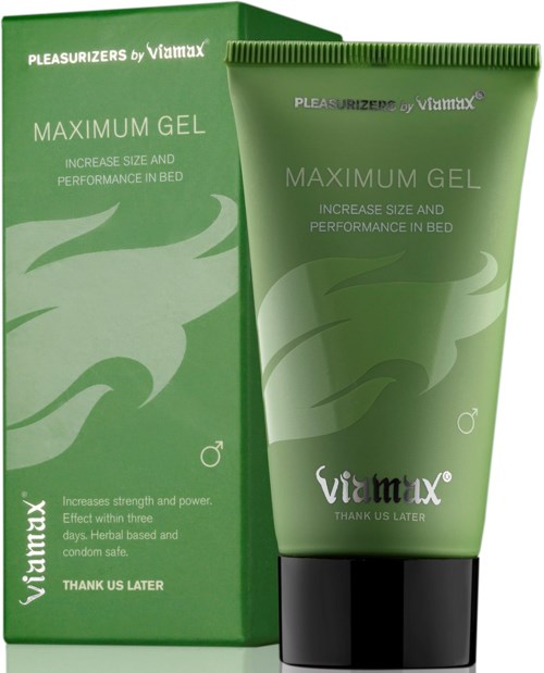 Eine grüne Tube mit schwarzem und weißen Text, beschriftet 'Maximum Gel', und eine passende grüne Schachtel für Viamax.