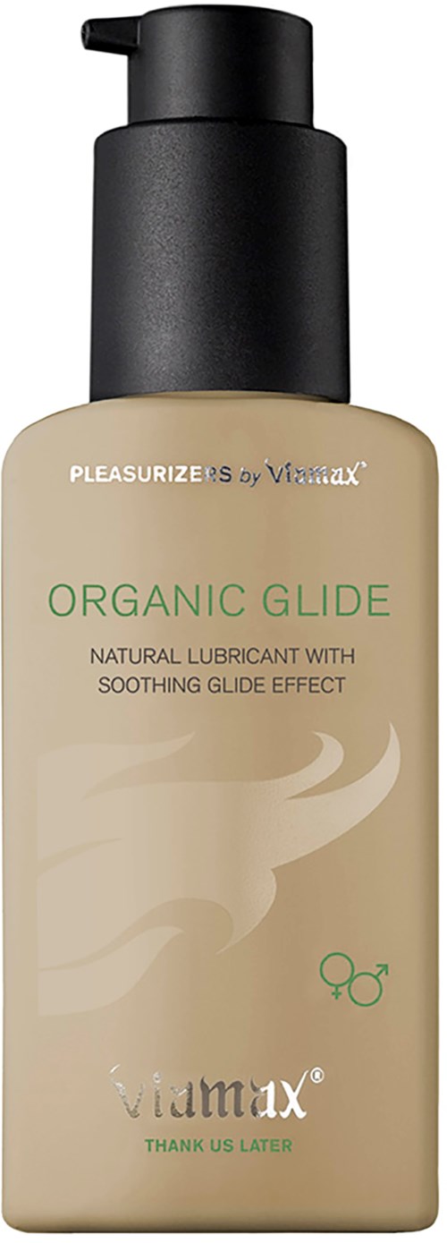 Beige Flasche mit schwarzem Pump vorn, beschriftet mit 'Organic Glide' für Schmiermittel, mit kleinem Icon und Markenname.