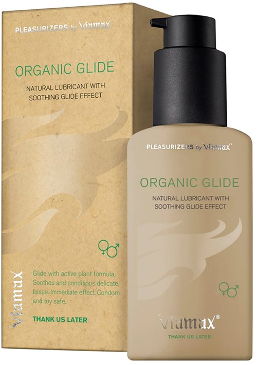 Eine beigefarbene Flasche mit schwarzem Deckel und ein beiger Karton zeigen ein natürliches Gleitmittel namens Organic Glide, das beruhigende Effekte fördert.