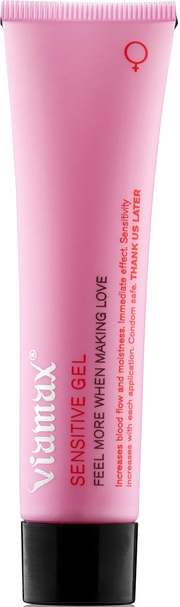 Rothalsige Tube von Viamax Sensitive Gel für intime Anwendung, mit sicherem Duft, und Text 'fühl mehr, wenn du liebst'.