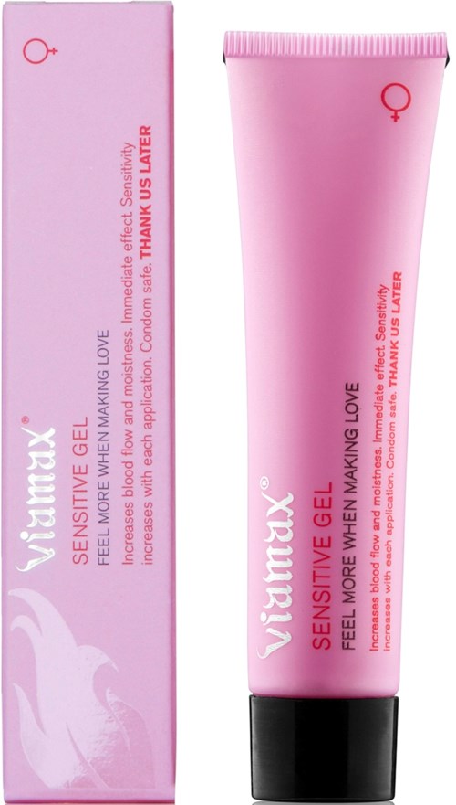 Rosefarbige Tube mit Sensitive Gel und schwarzem Deckel, Teil des Viamax Produkts, für Hautkomfort.