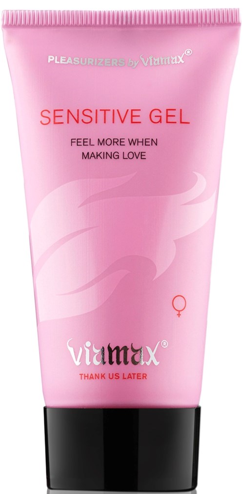 Eine rosa Tube mit der Aufschrift 'Sensitive Gel' und der Marke 'Viamax' sowie dem Satz 'Fühl dich mehr beim Sex.'