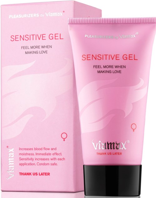 Rosa Tube und Packung für sensible Gel zur intimen Anwendung, mit Text zu Vorteilen und Sicherheit.