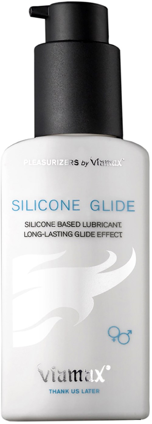 Eine weiße Flasche mit schwarzem Pumphahn enthält silikonbasiertes Gleitmittel namens Silicone Glide für langanhaltende Geschmeidigkeit.