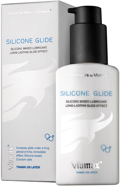 Eine weiße Flasche mit 'Silicone Glide' Beschriftung und schwarzem Pumphals. Neben der Box des Produkts.